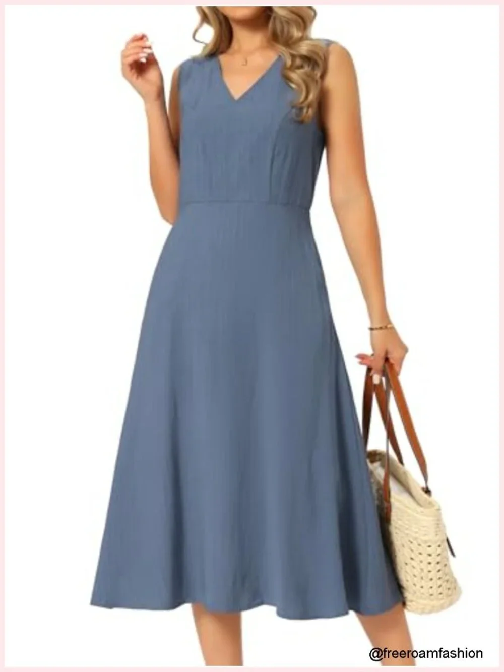 Sleeveless V-Neck Linen Tank Midi Dress with Pockets